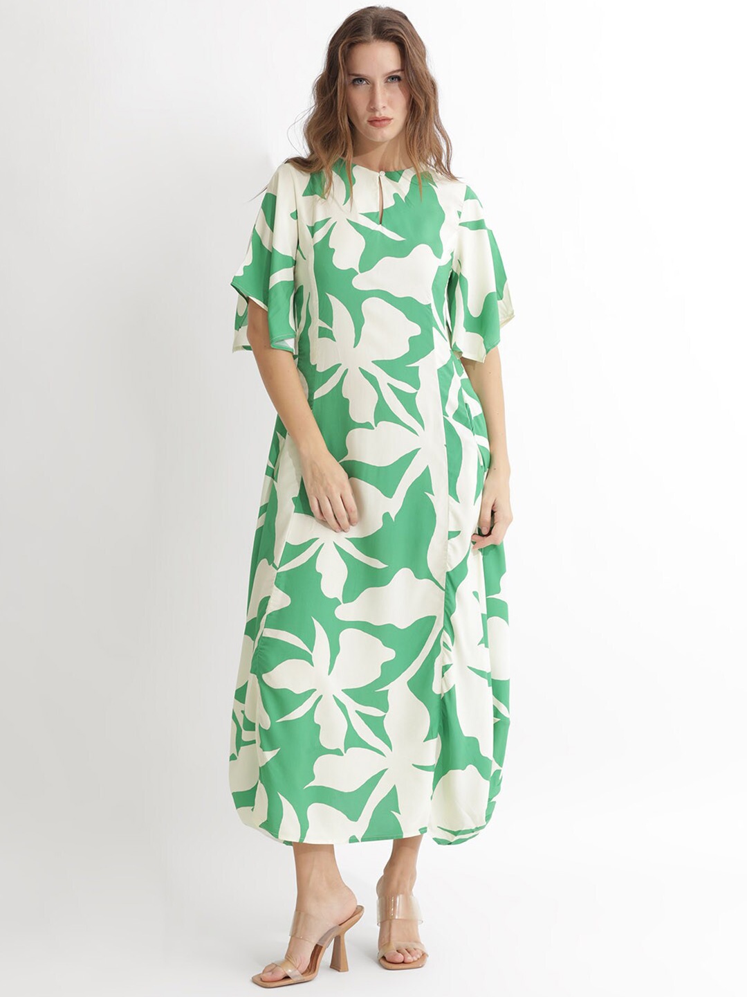 

RAREISM Floral Printed Flared Sleeve A-Line Midi Dress, Green