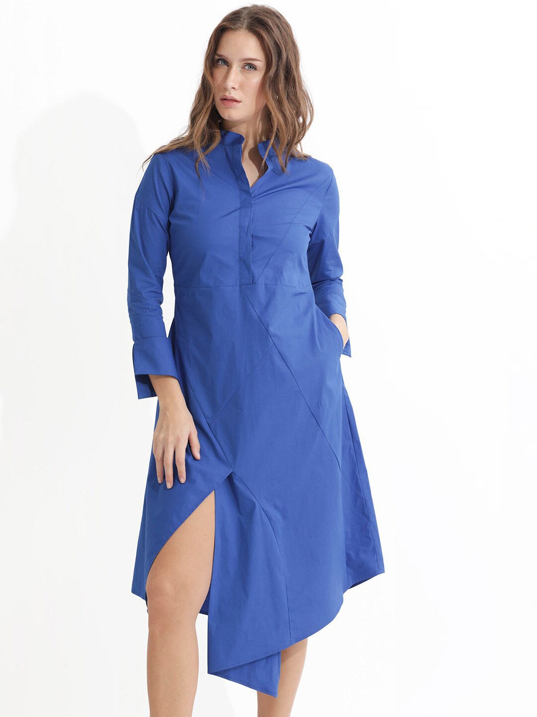 

RAREISM Mandarin Collar Shirt Style Dress, Blue