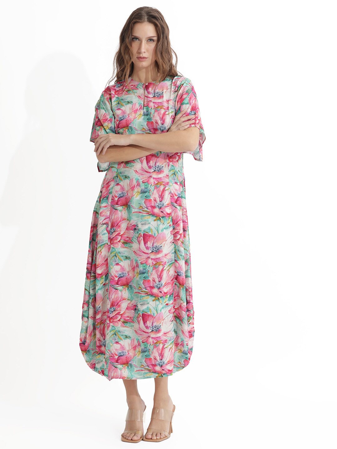 

RAREISM Floral Printed Flared Sleeves A-Line Midi Dress, Green