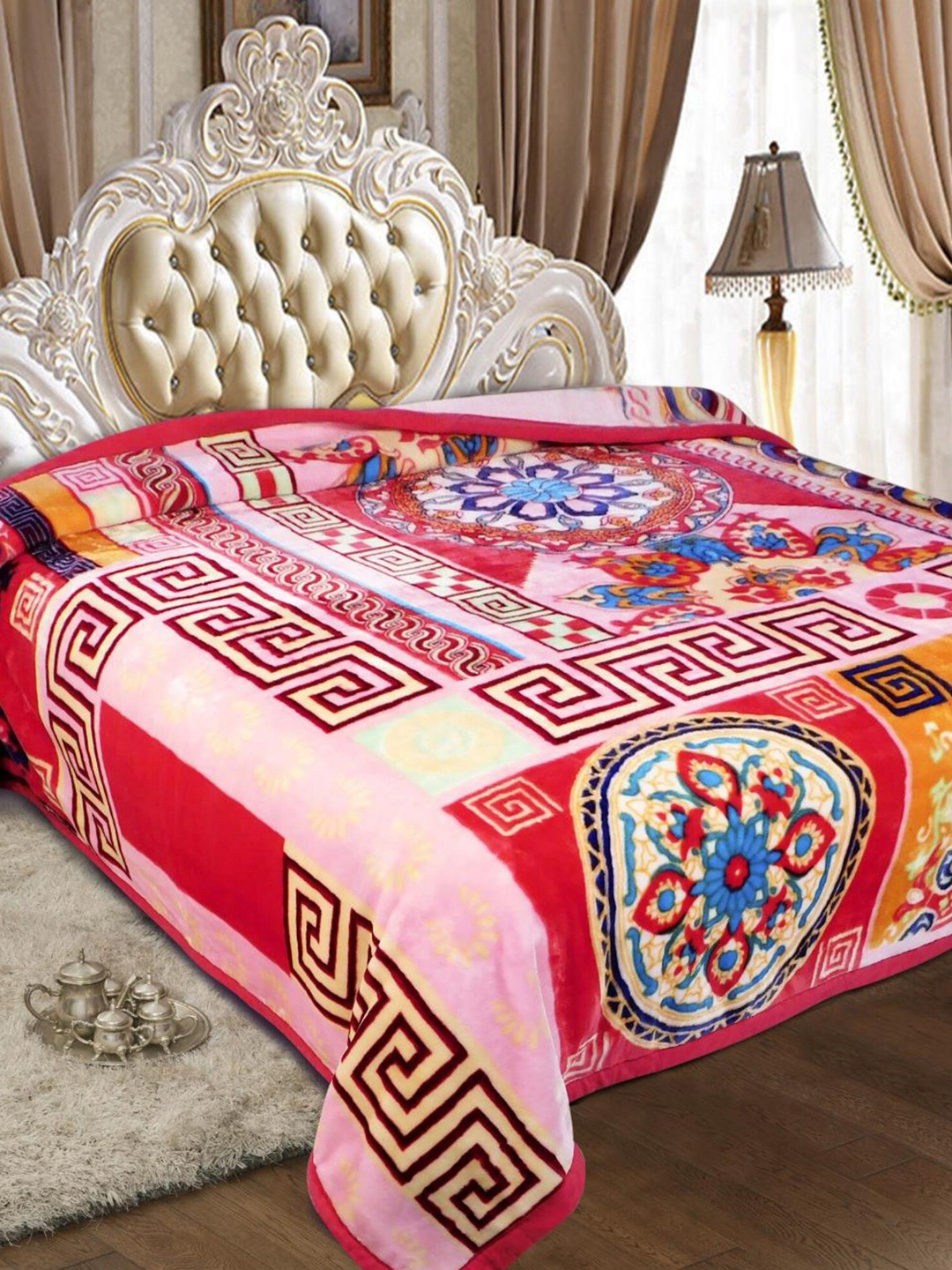 

Signature Platinum Red, blue & Orange Floral Heavy Winter Double Bed Blanket