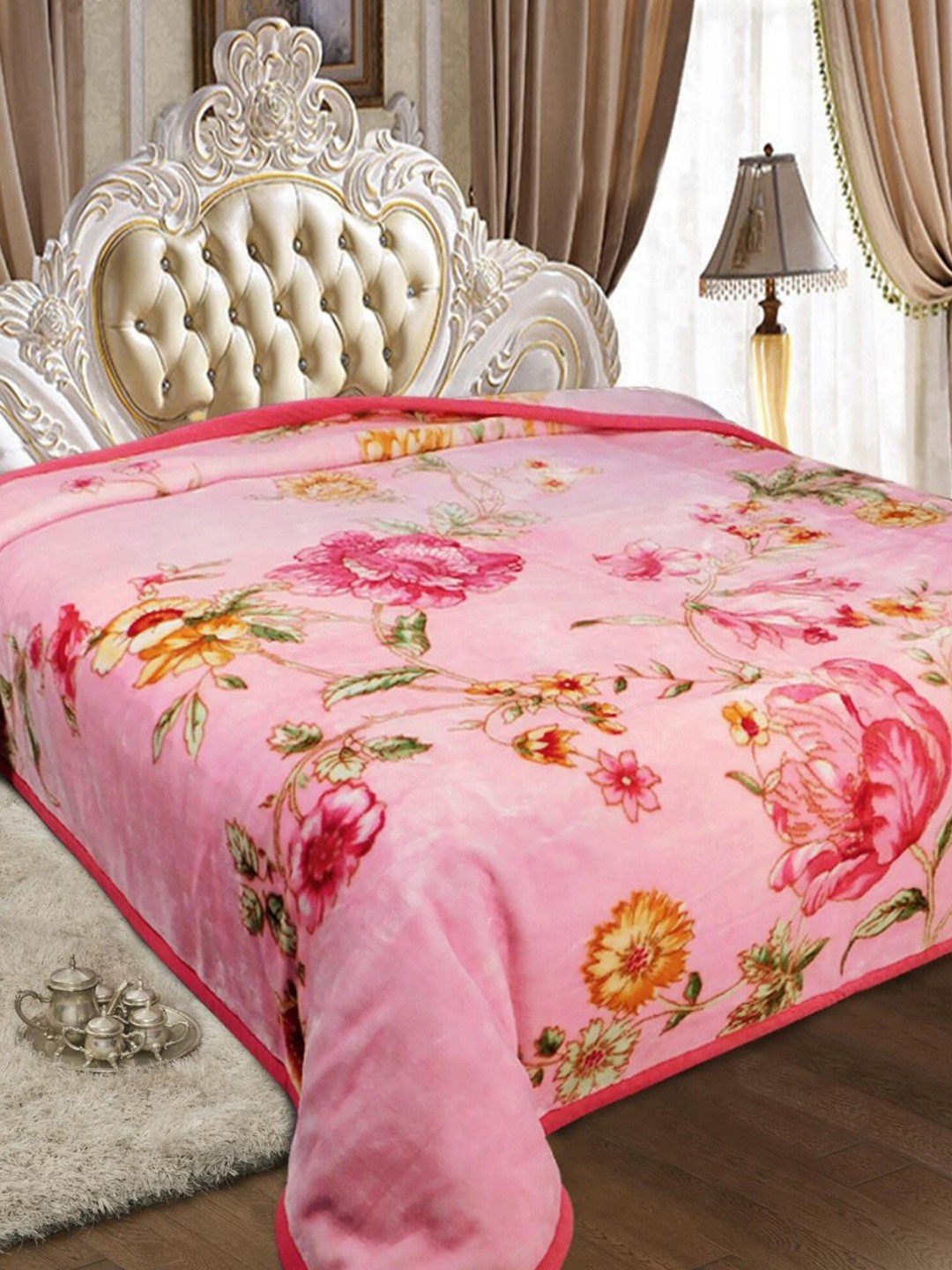 

Signature Platinum Pink ,Green & Yellow Floral Heavy Winter Double Bed Blanket