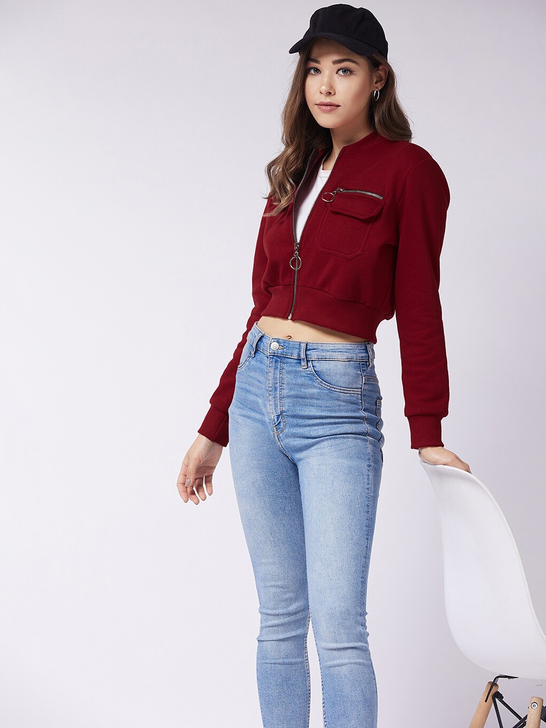 

DressBerry Maroon Stand Collar Fleece Crop Tailored Jacket