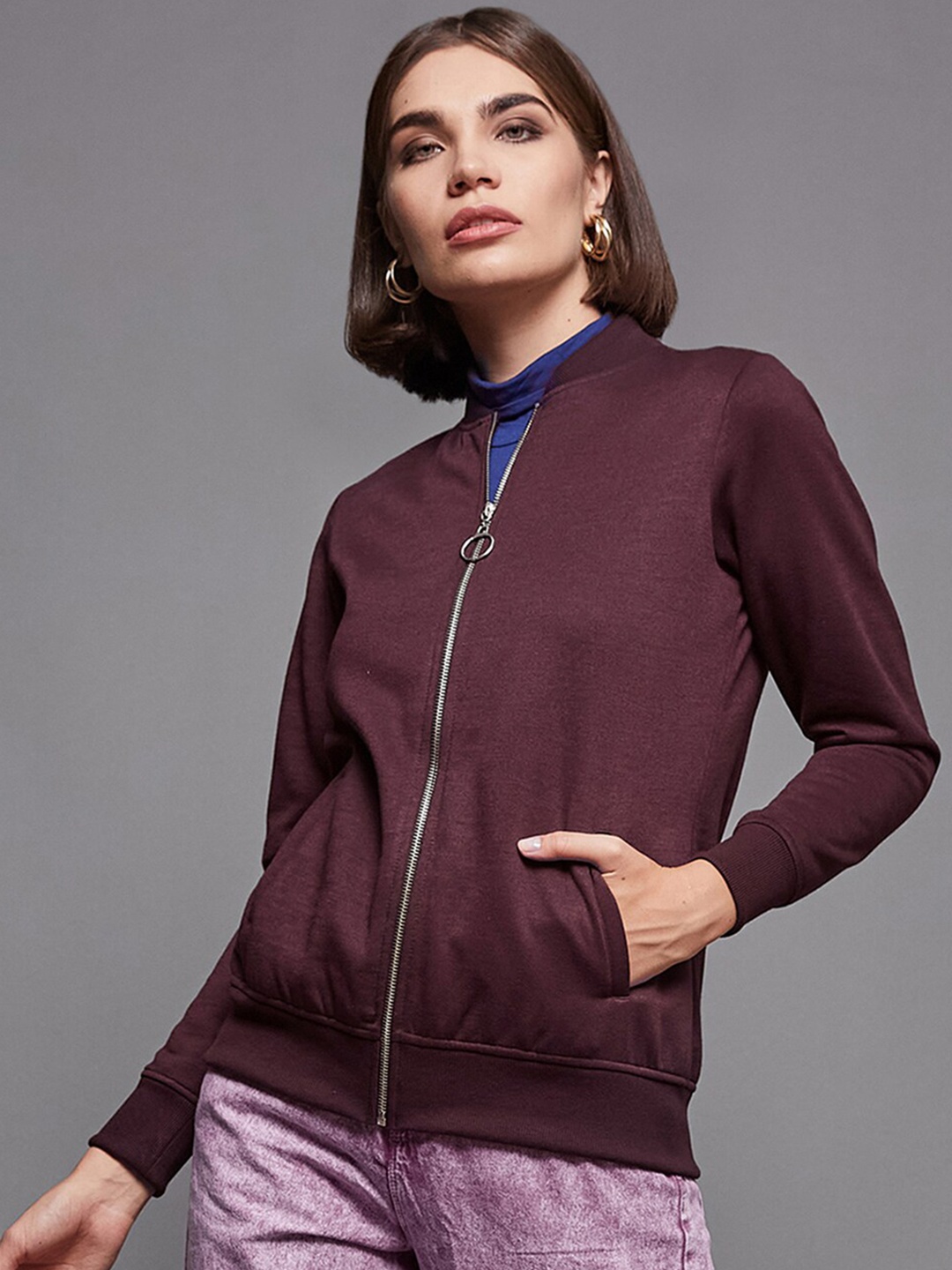 

DressBerry Maroon Stand Collar Fleece Bomber Jacket