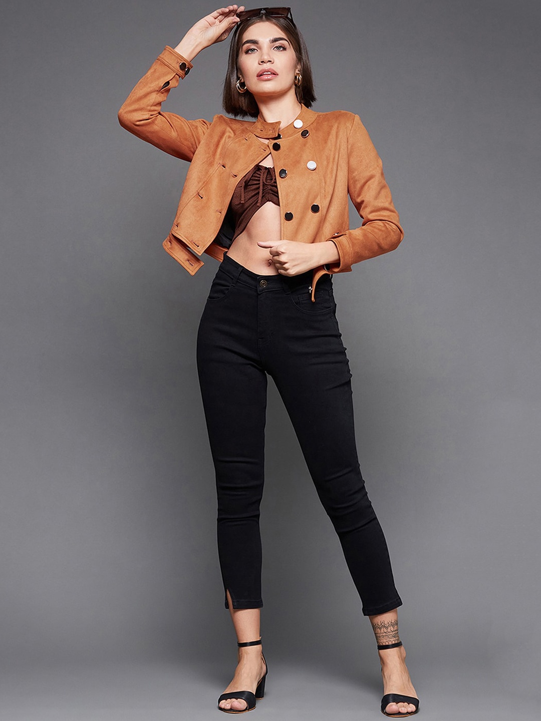 

DressBerry Orange Mock Collar Double Breasted Crop Tailored Jacket