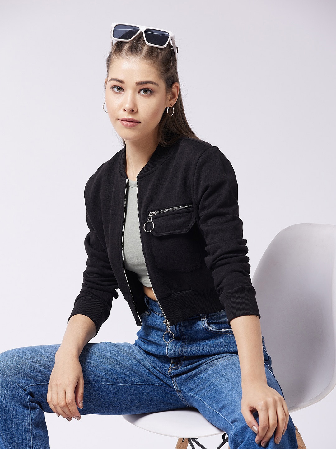 

DressBerry Black Fleece Crop Bomber Jacket