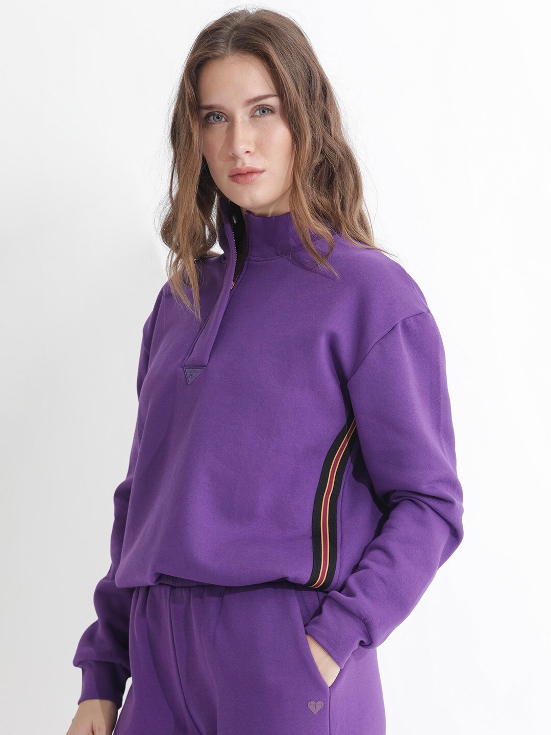 

RAREISM Mock Collar Half Zipper Cotton Pullover Sweatshirt, Purple