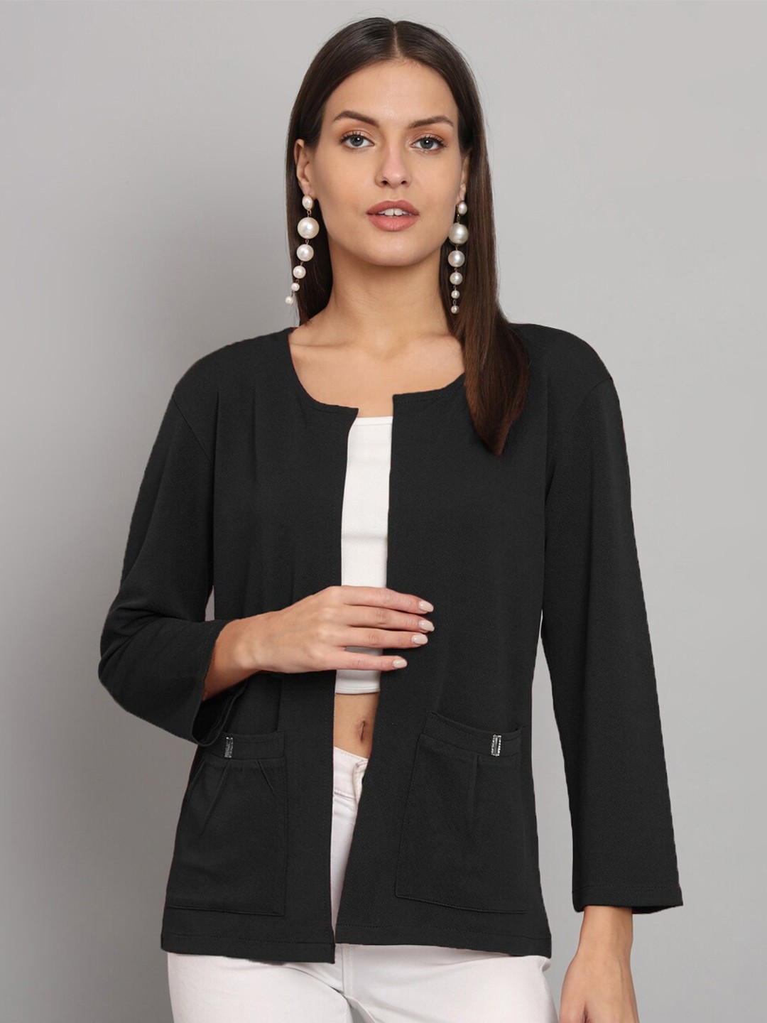 

urSense Self Design Open Front Shrug, Black