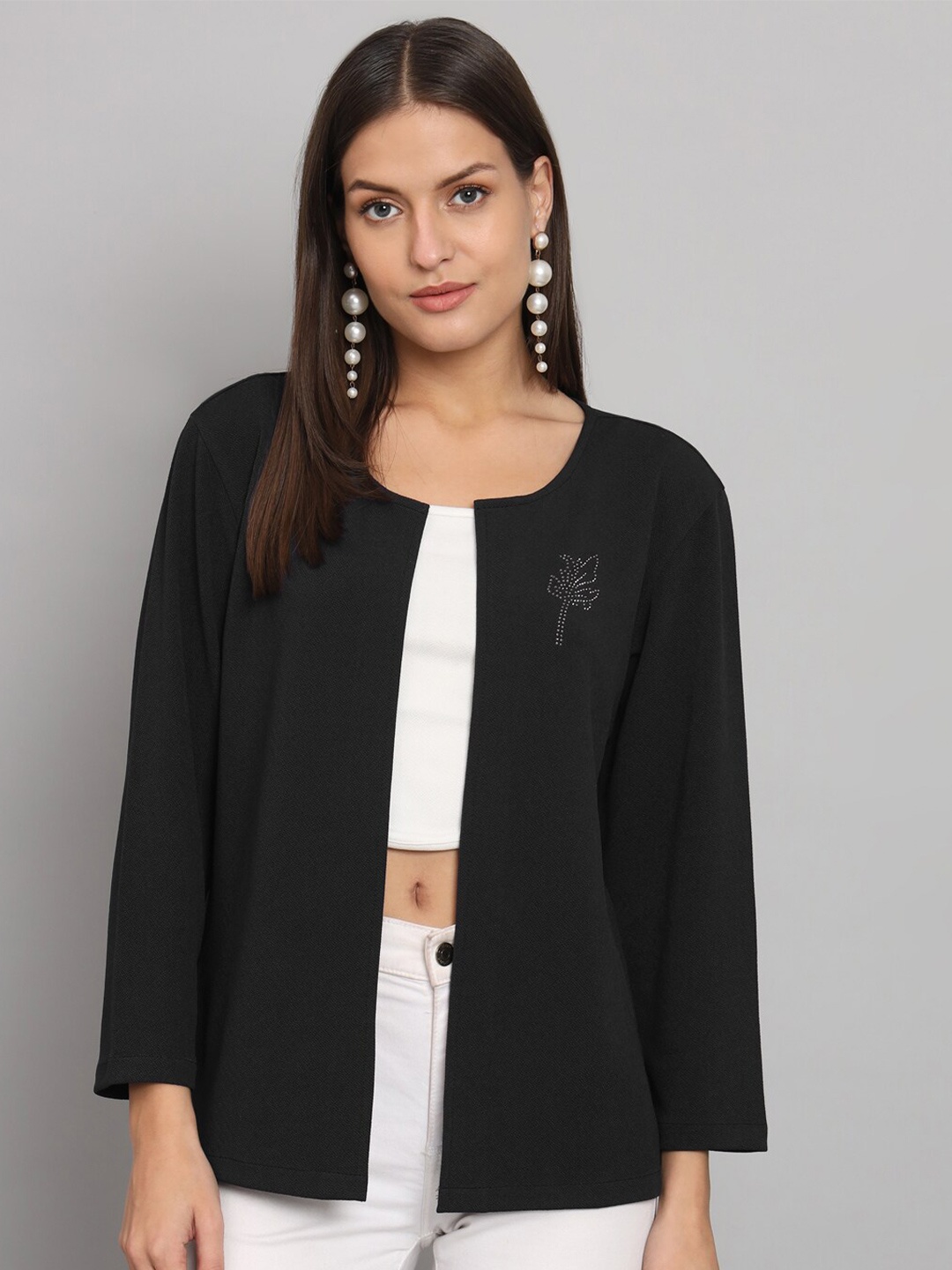 

urSense Embellished Open Front Shrug, Black