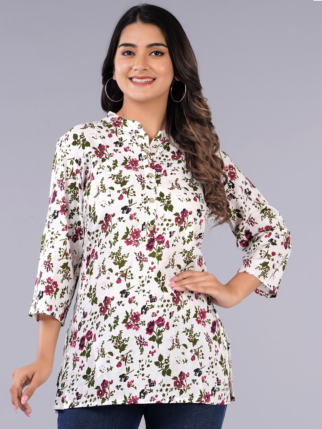 

BAESD Floral Printed Mandarin Collar Straight Kurti, White