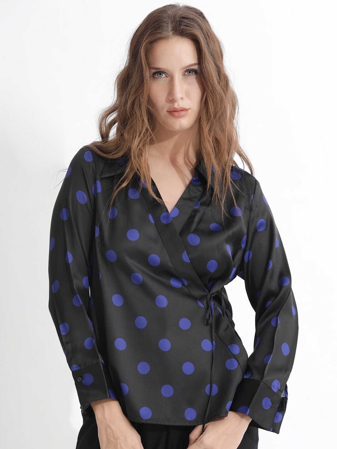 

RAREISM Polka Dots Printed Wrap Top, Black