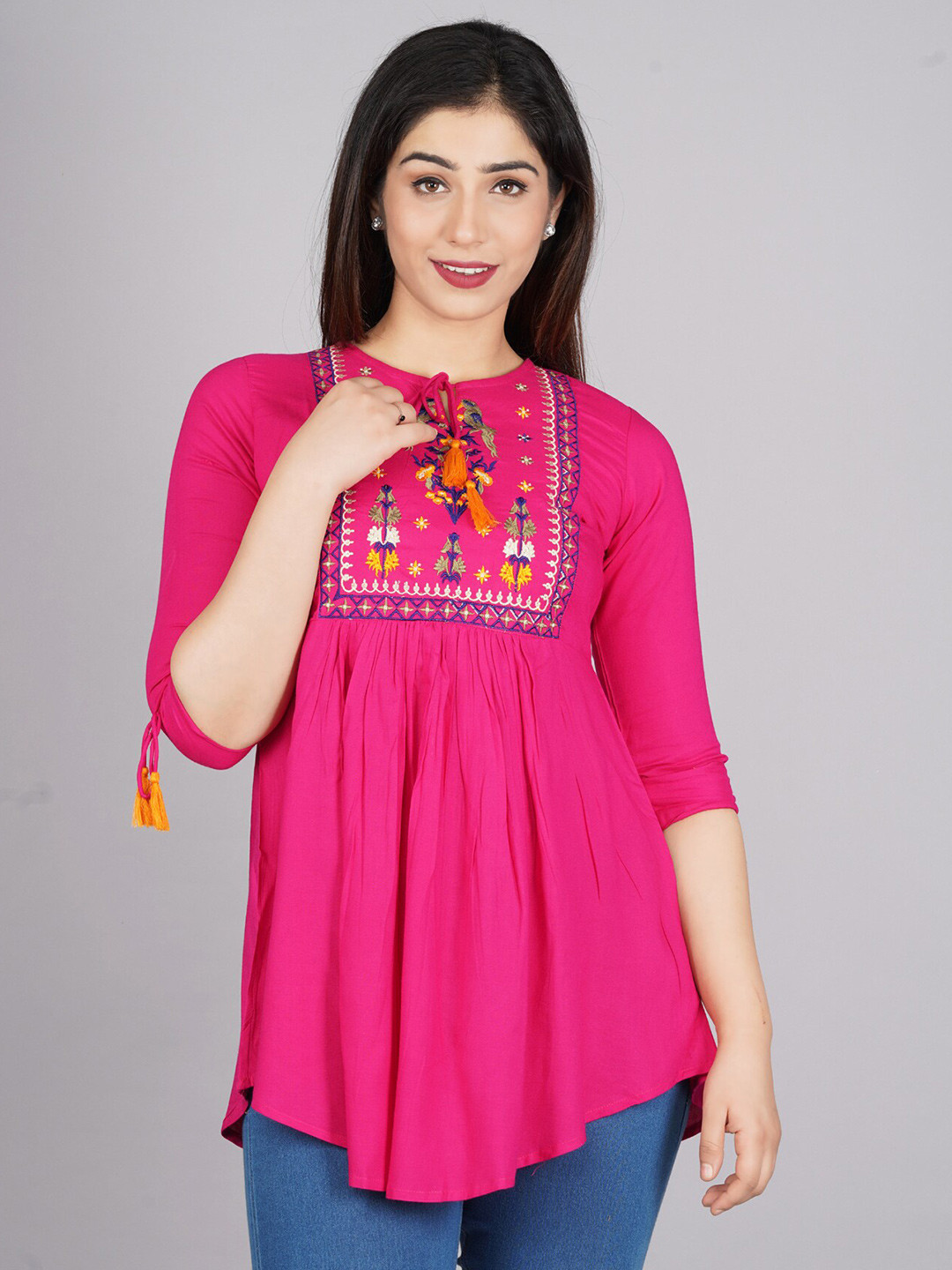 

BAESD Embroidered Tie-Up Neck Empire Top, Pink
