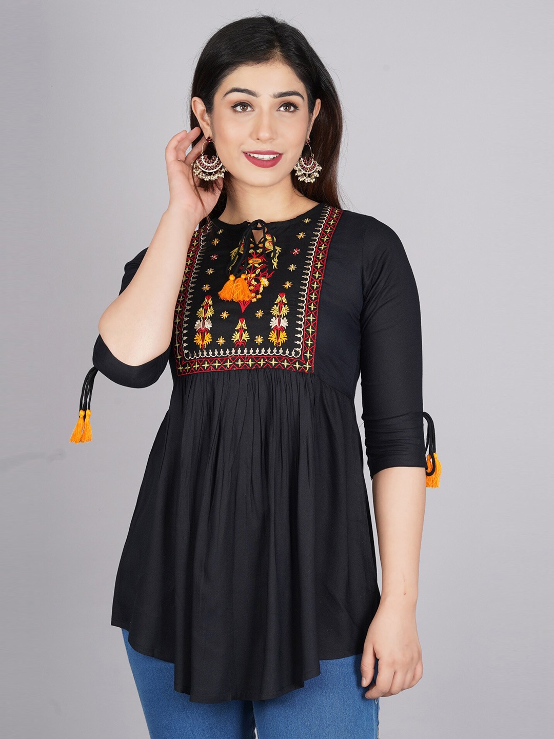 

BAESD Embroidered Tie-Up Neck Empire Top, Black