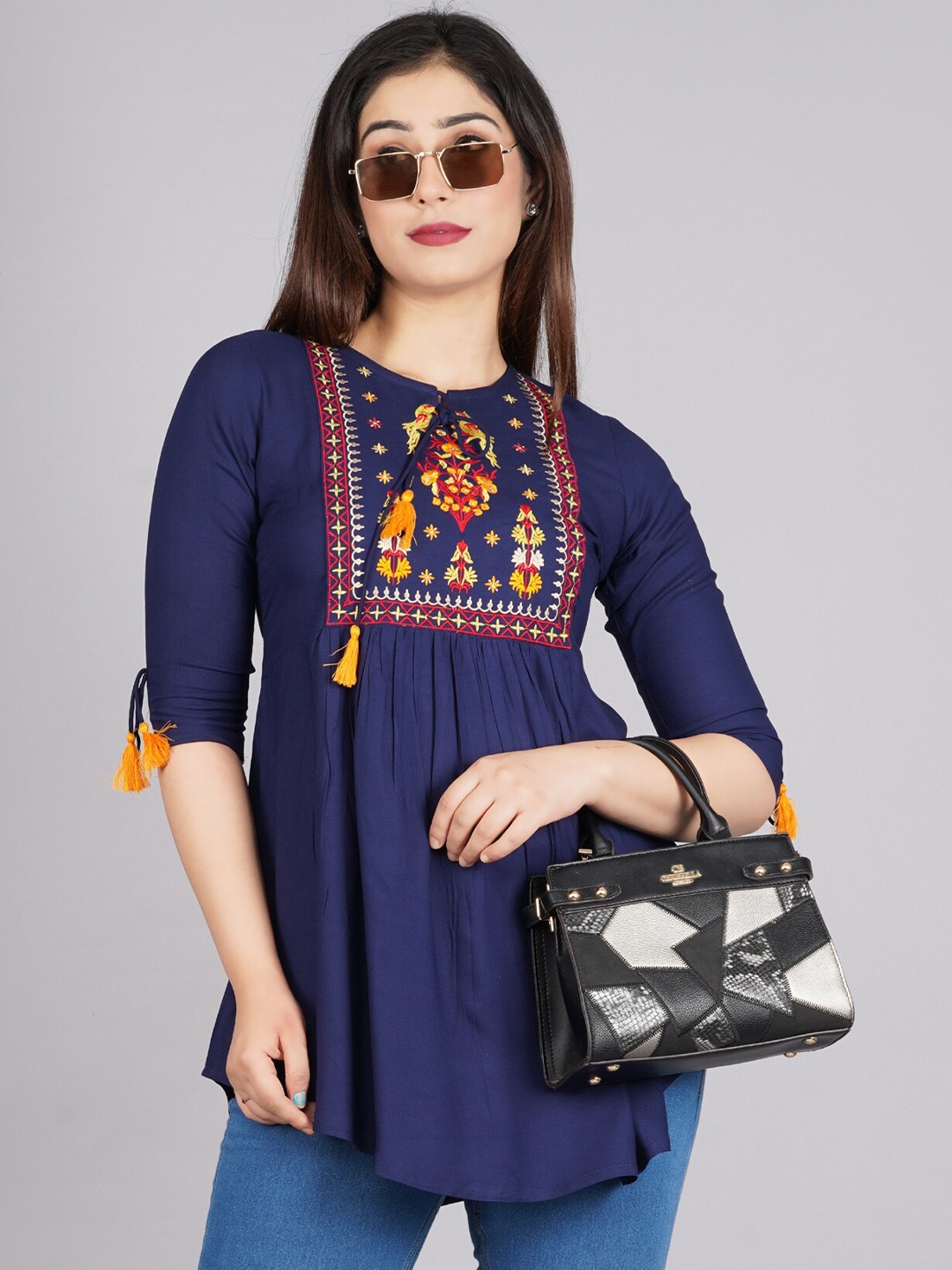 

BAESD Embroidered Tie-Up Neck Empire Top, Blue