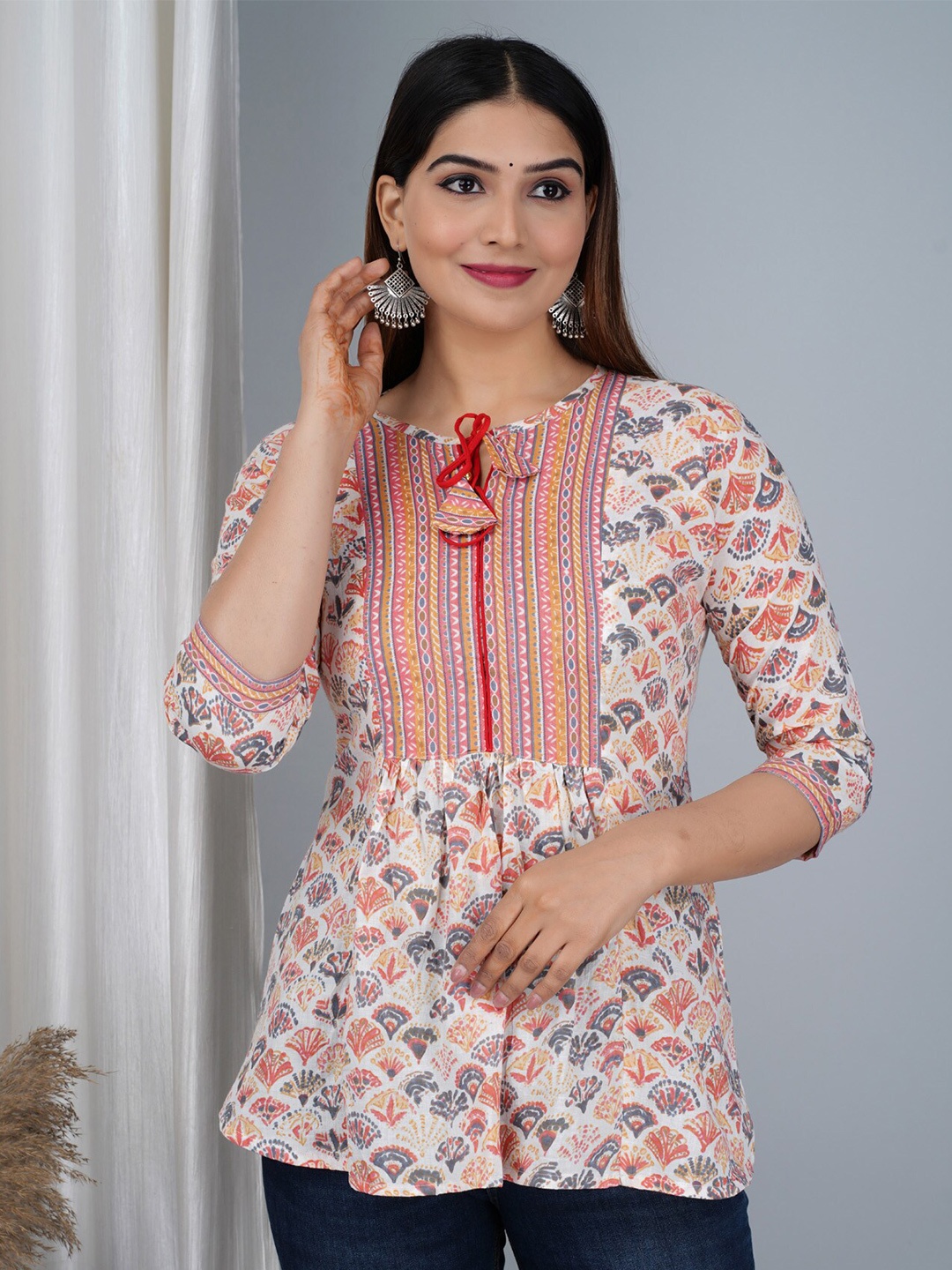 

BAESD Ethnic Motifs Printed Tie-Up Neck A-Line Top, Beige