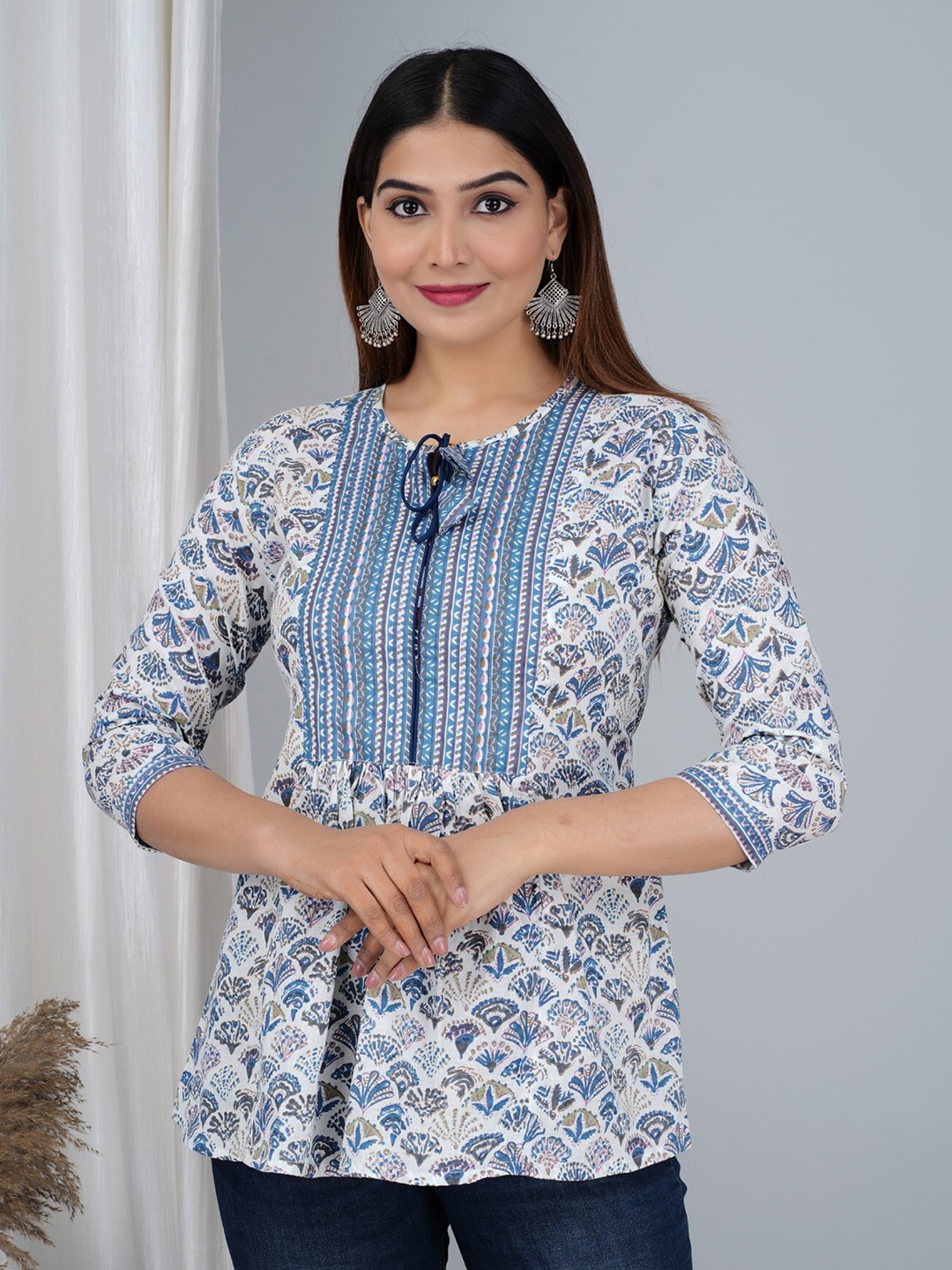 

BAESD Ethnic Motifs Printed Tie-Up Neck A-Line Top, White