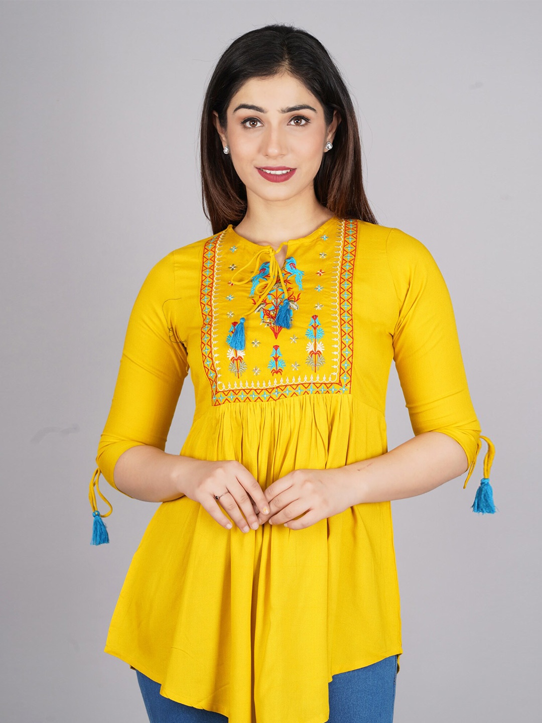 

BAESD Embroidered Tie-Up Neck Empire Top, Yellow
