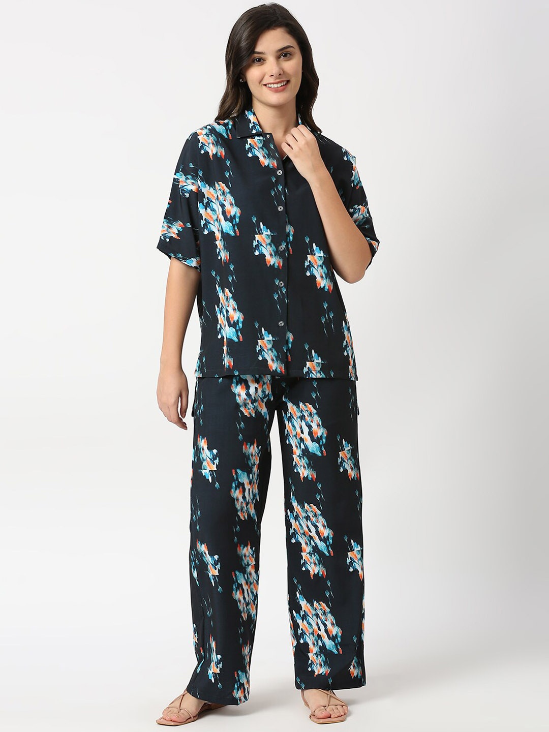 

ANWAIND Black Abstract Printed Shirt With Palazzo Co-Ords