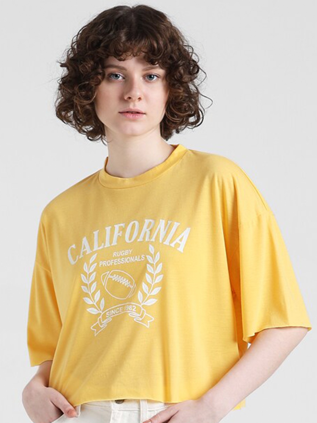 

ONLY Typography Printed Drop Shoulder Sleeves Pure Cotton Oversized T-shirt, Yellow