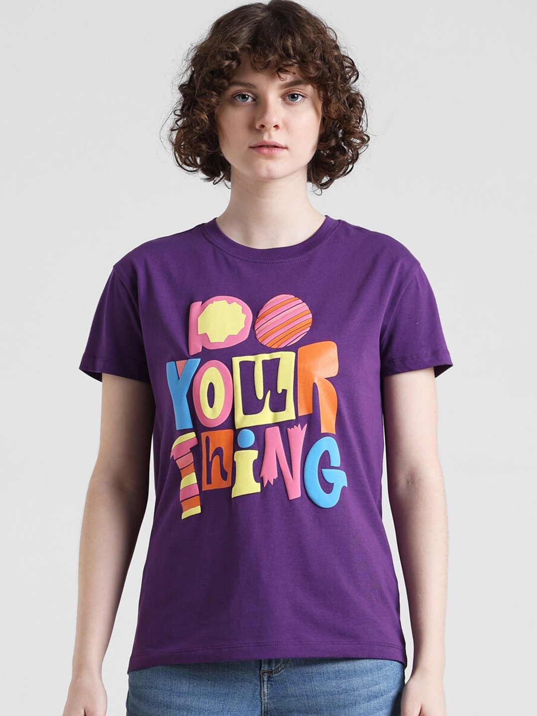 ONLY Typography Printed Pure Cotton T-shirt, Purple