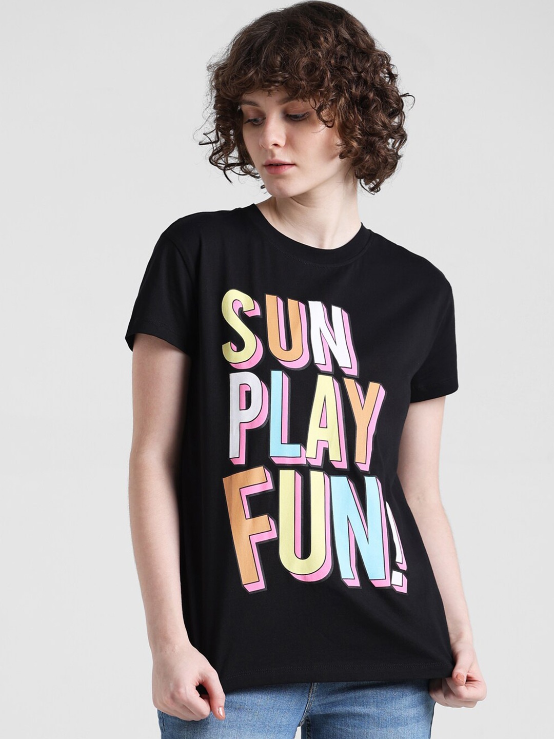 ONLY Typography Printed Pure Cotton T-shirt, Black