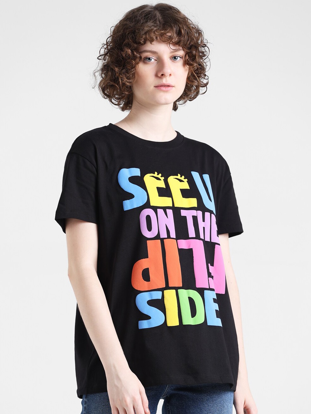 

ONLY Typography Printed Pure Cotton T-shirt, Black