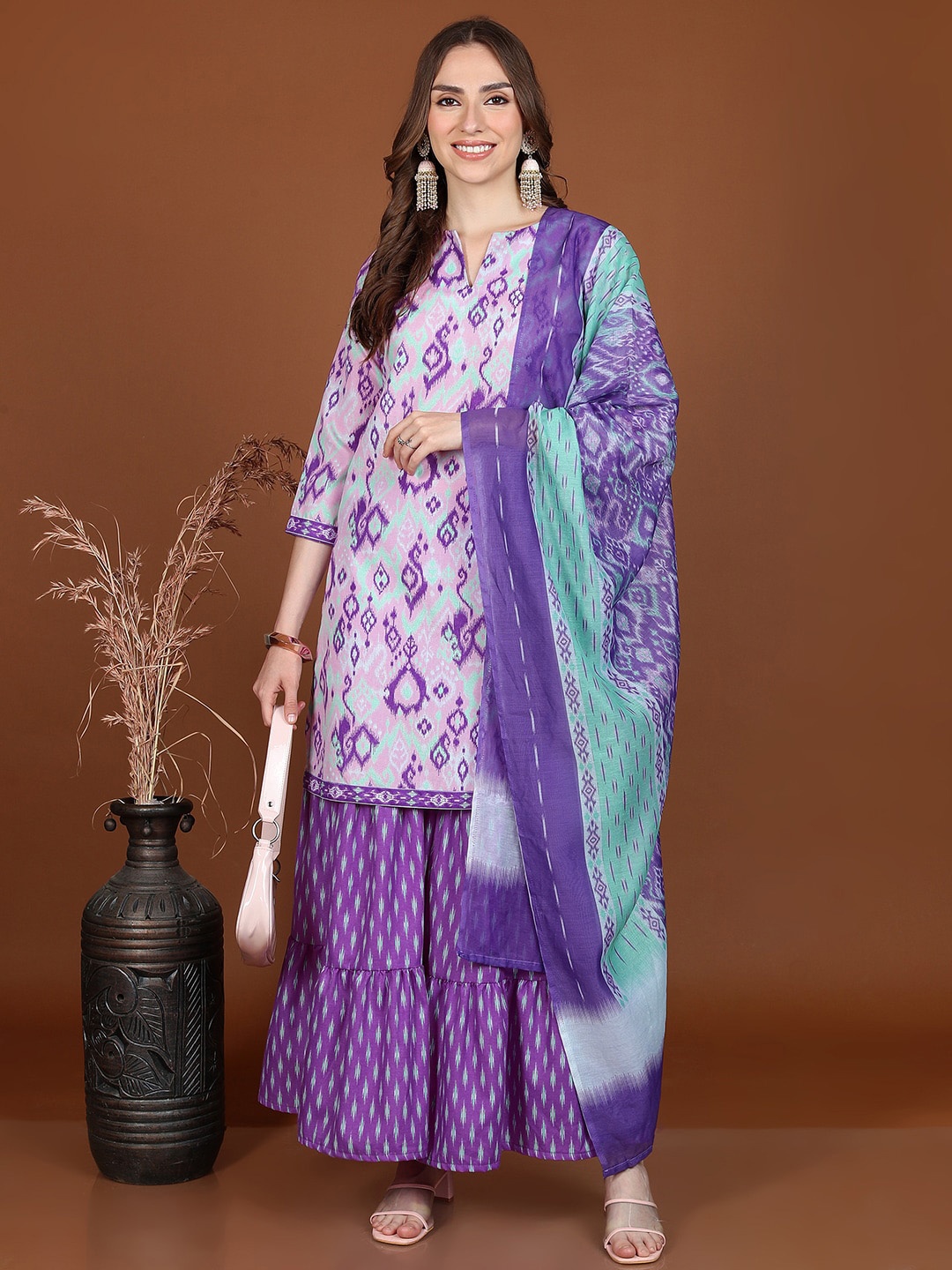 

Vishudh Lavender Ethnic Motifs Printed Regular Kurta with Sharara & Dupatta