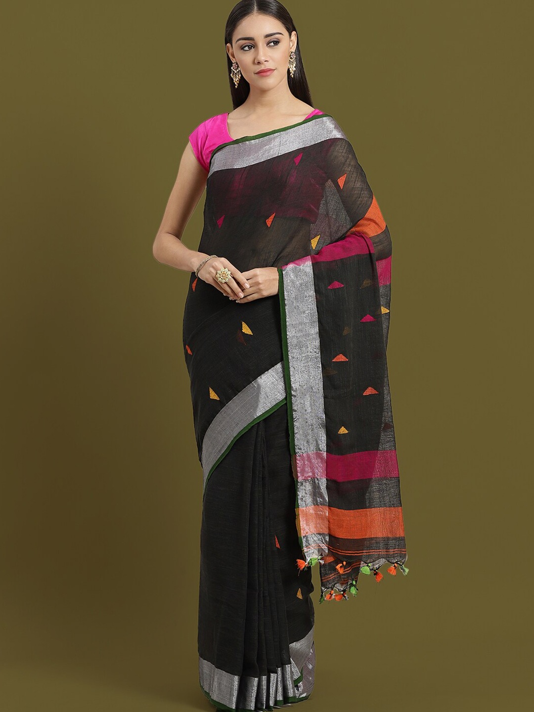 

HOUSE OF ARLI Pure Cotton Zari Saree, Black
