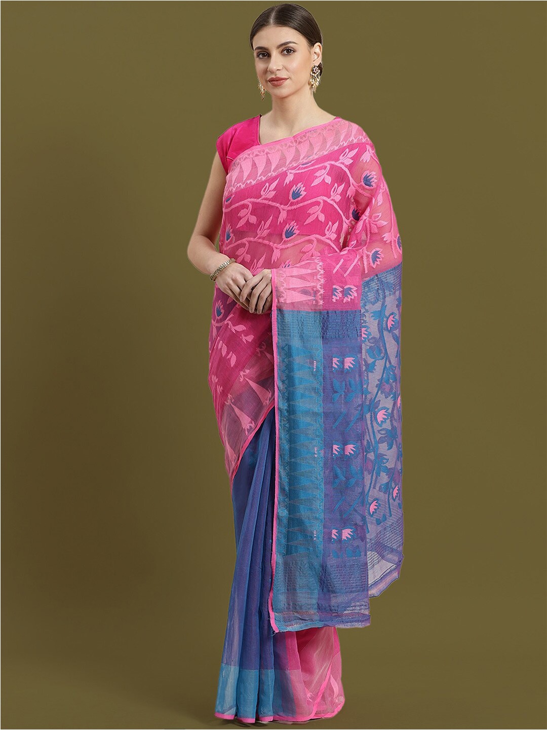 

HOUSE OF ARLI Floral Woven Design Pure Cotton Jamdani Saree, Pink