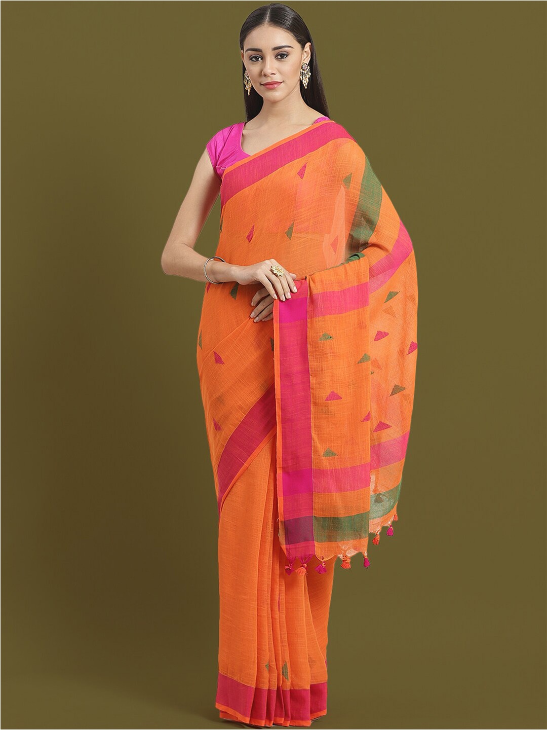 

HOUSE OF ARLI Geometric Woven Design Pure Cotton Saree, Orange