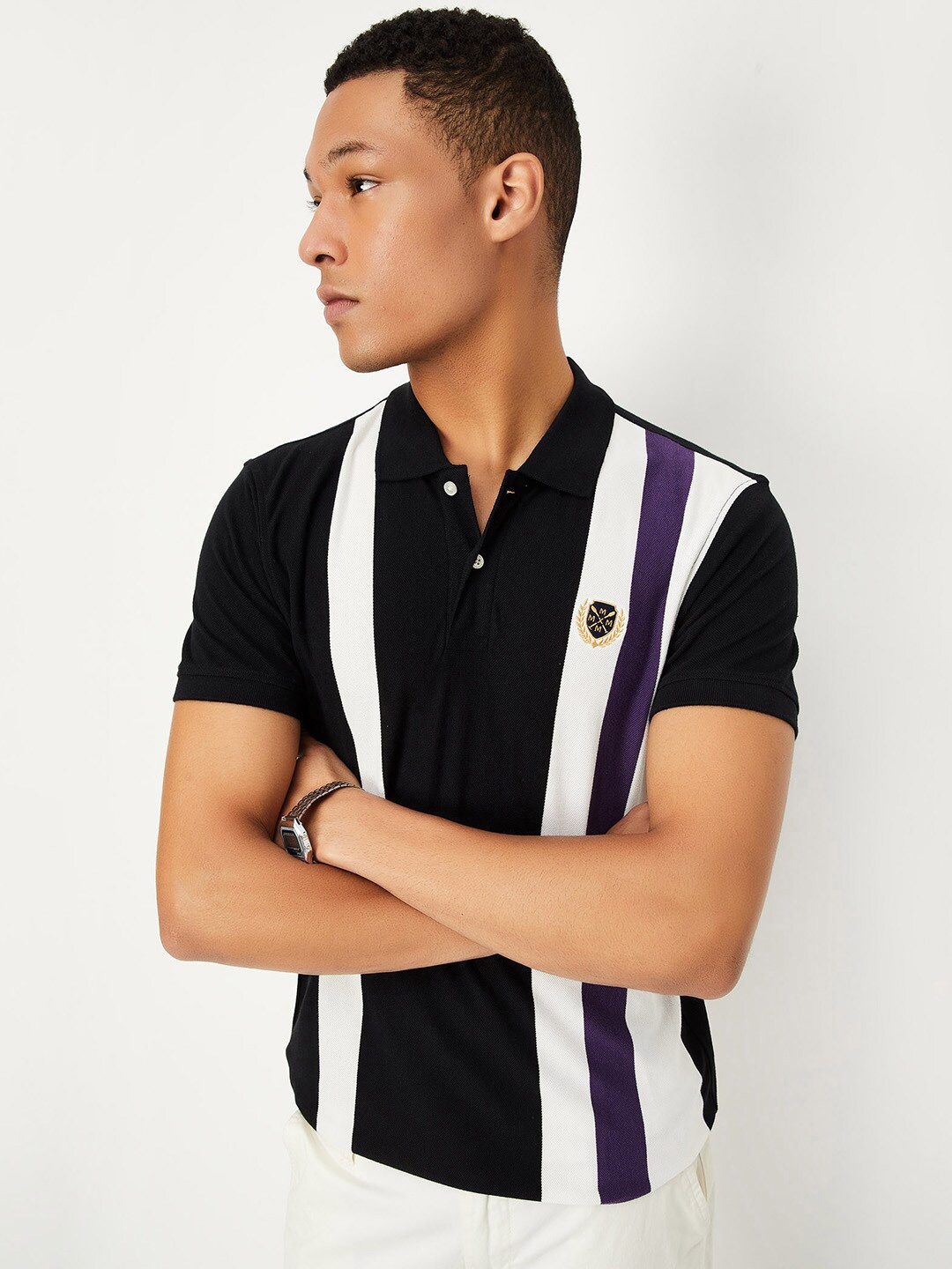 

max Striped Polo Collar T-shirt, Black