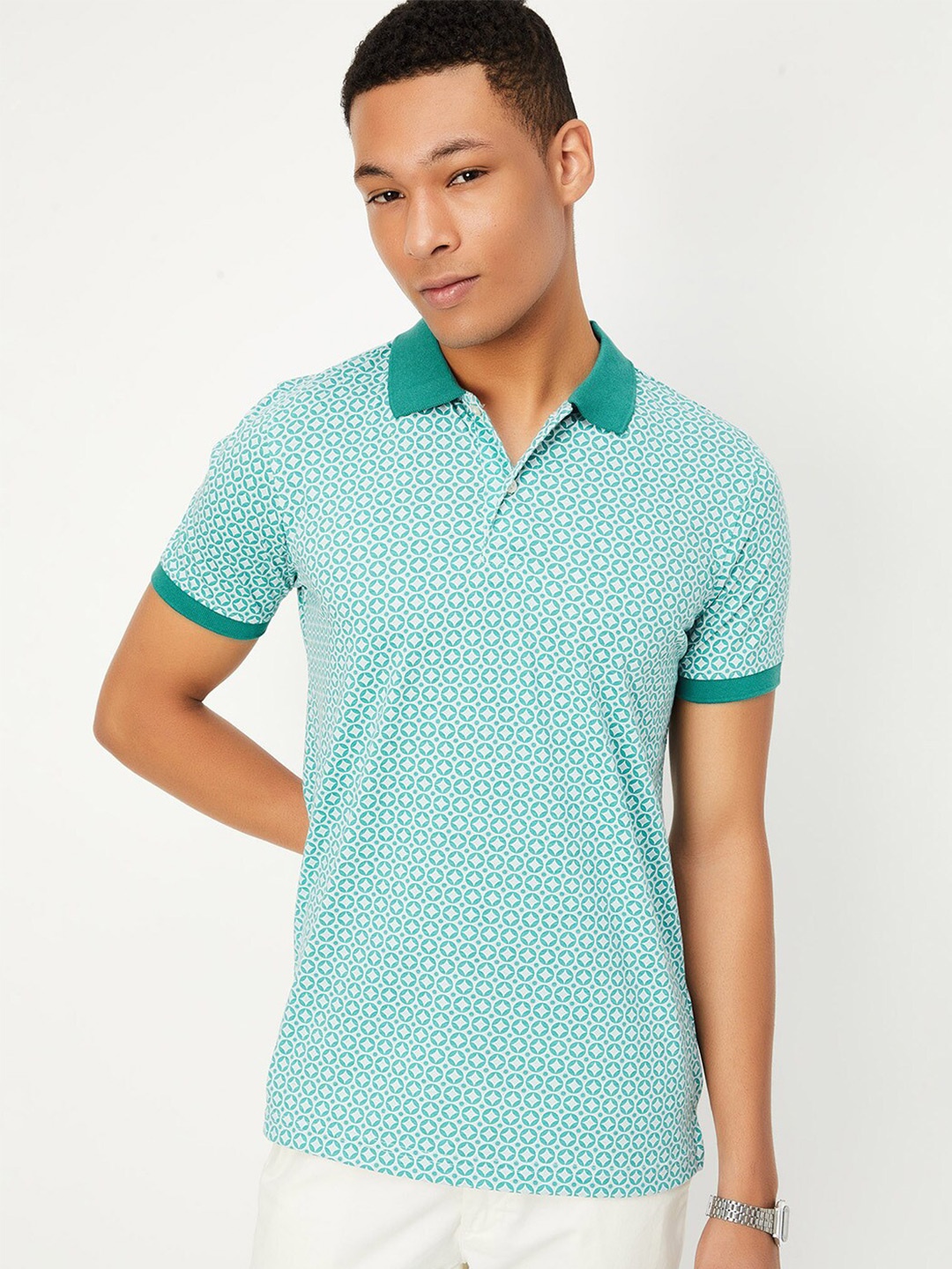 

max Geometric Printed Polo Collar Short Sleeves T-shirt, Green