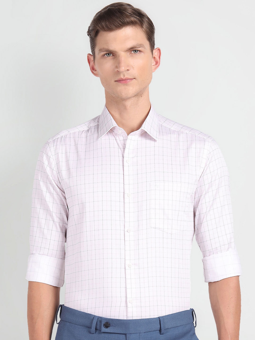 

Arrow Grid Tattersall Checks Slim Fit Pure Cotton Formal Shirt, Purple