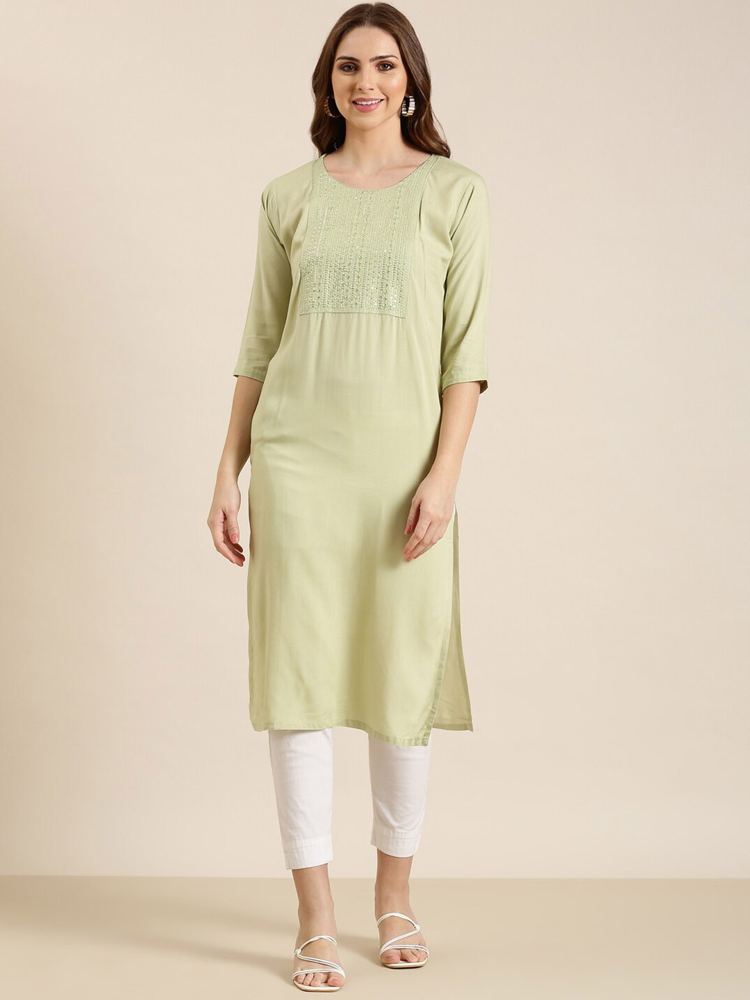 

SHOWOFF Geometric Yoke Design Sequinned Cotton Straight Kurta, Sea green