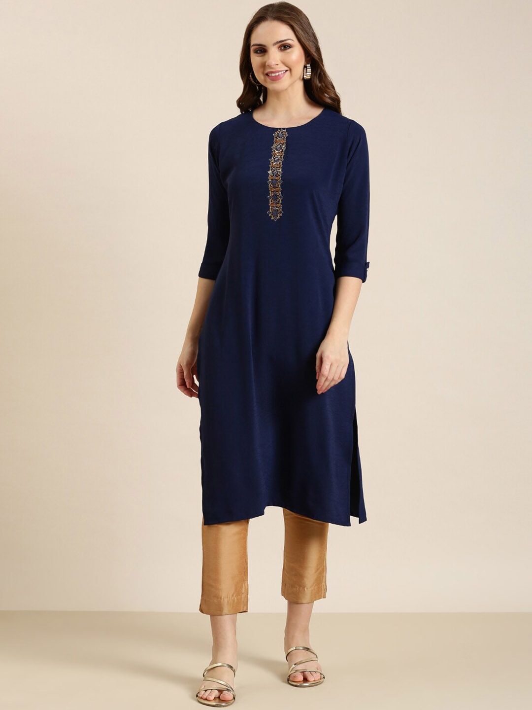 

SHOWOFF Round Neck Beads & Stones Straight Kurta, Navy blue