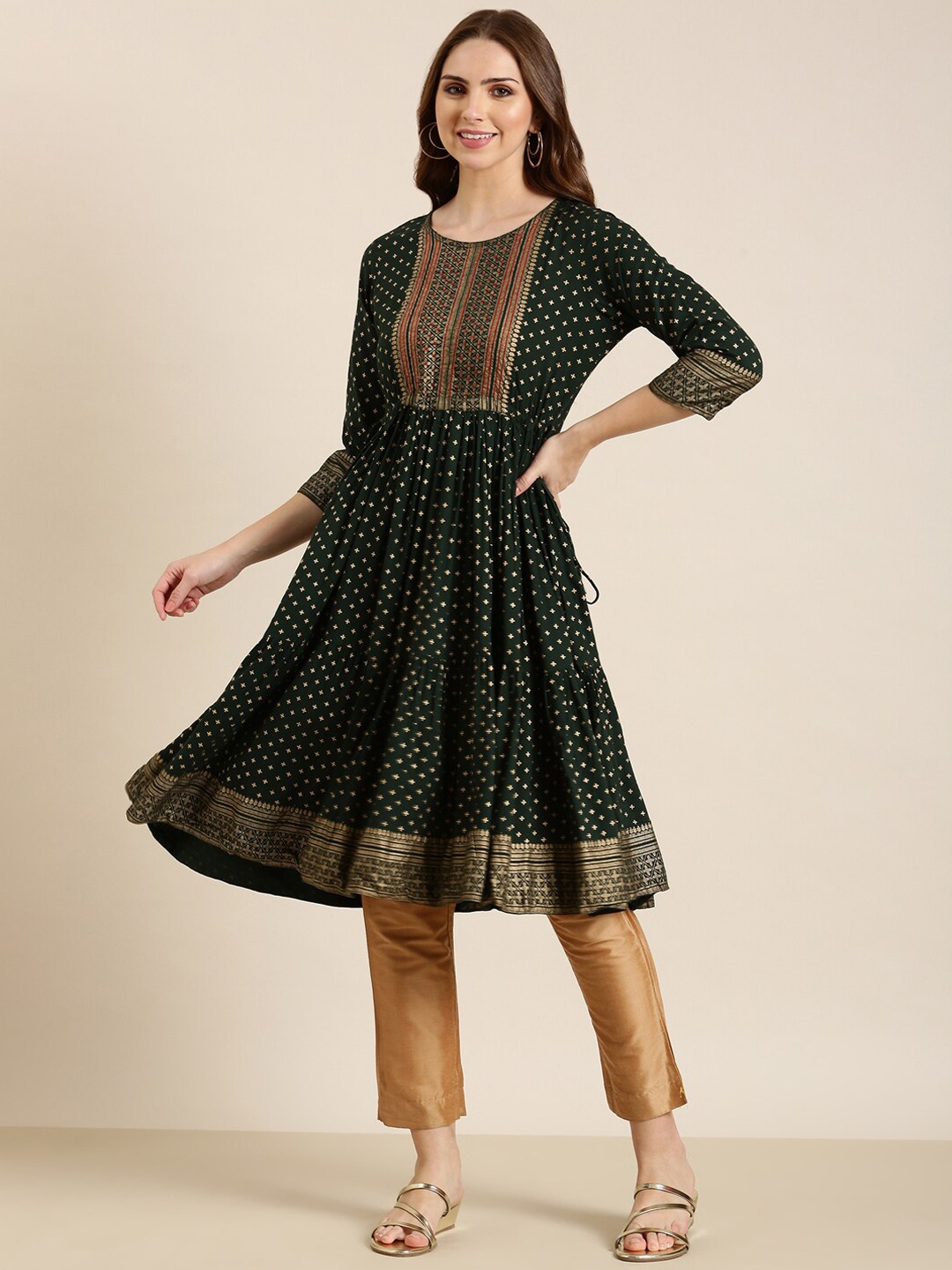 

SHOWOFF Ethnic Motifs Foil Printed Cotton Anarkali Kurta, Green