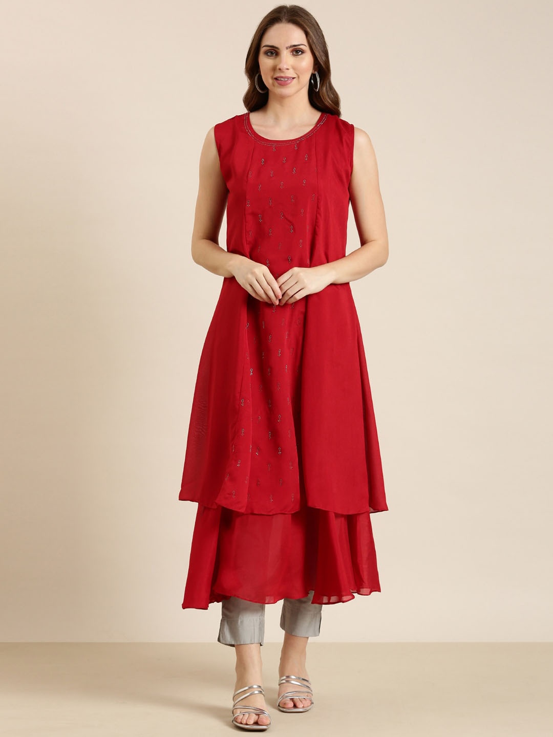 

SHOWOFF Embellished Beads & Stones A-Line Georgette Kurta, Red