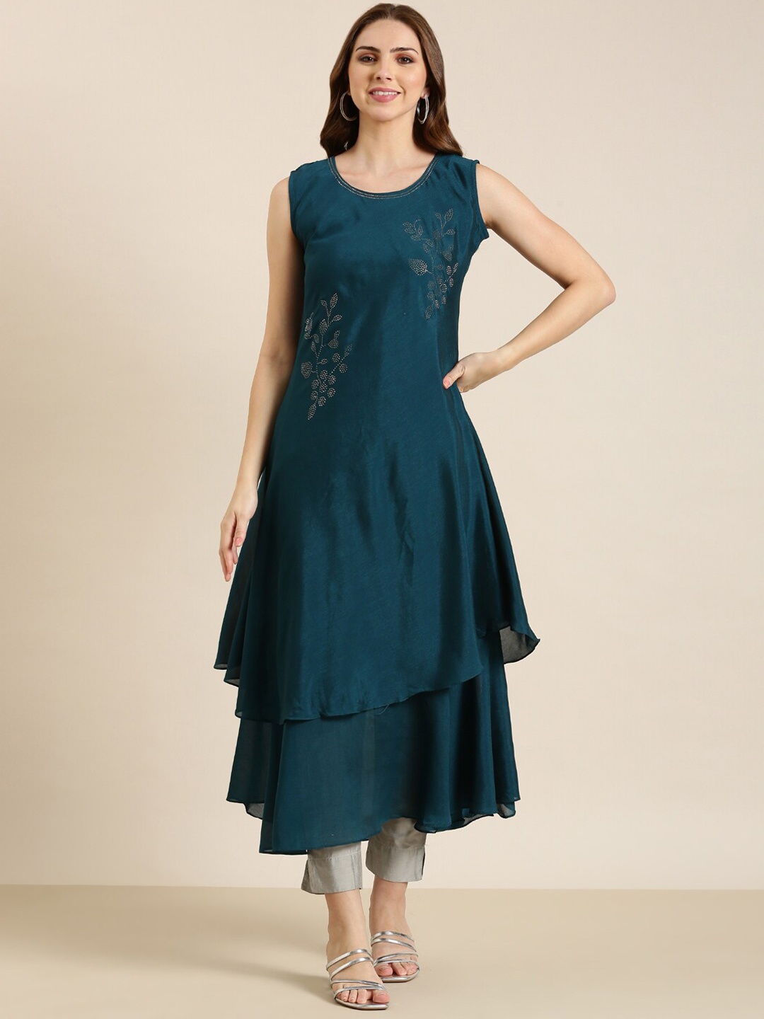 

SHOWOFF Embellished Beads & Stones A-Line Georgette Kurta, Teal