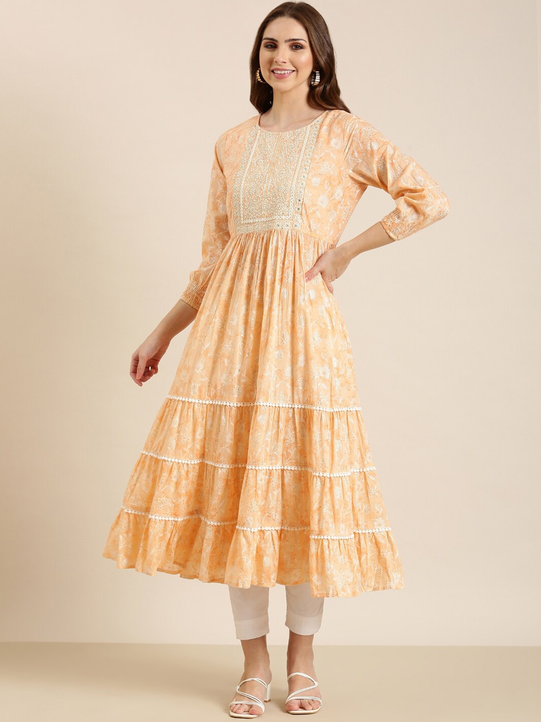 

SHOWOFF Floral Printed Anarkali Cotton Kurta, Peach