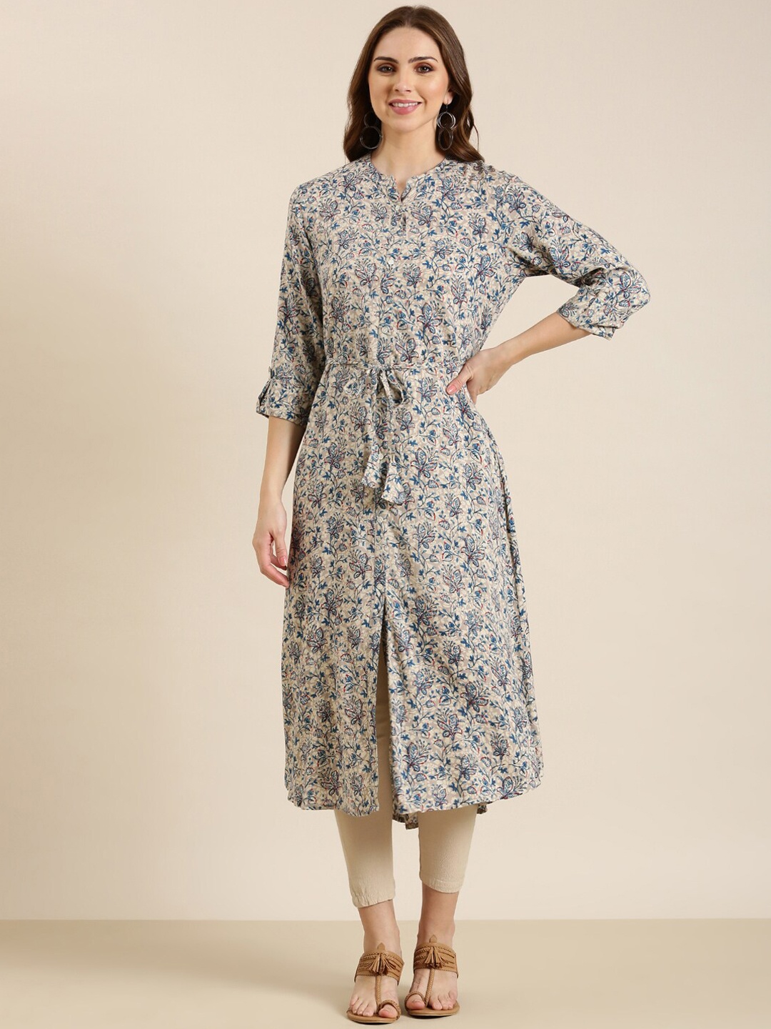

SHOWOFF Floral Printed Cotton A-Line Kurta, Grey