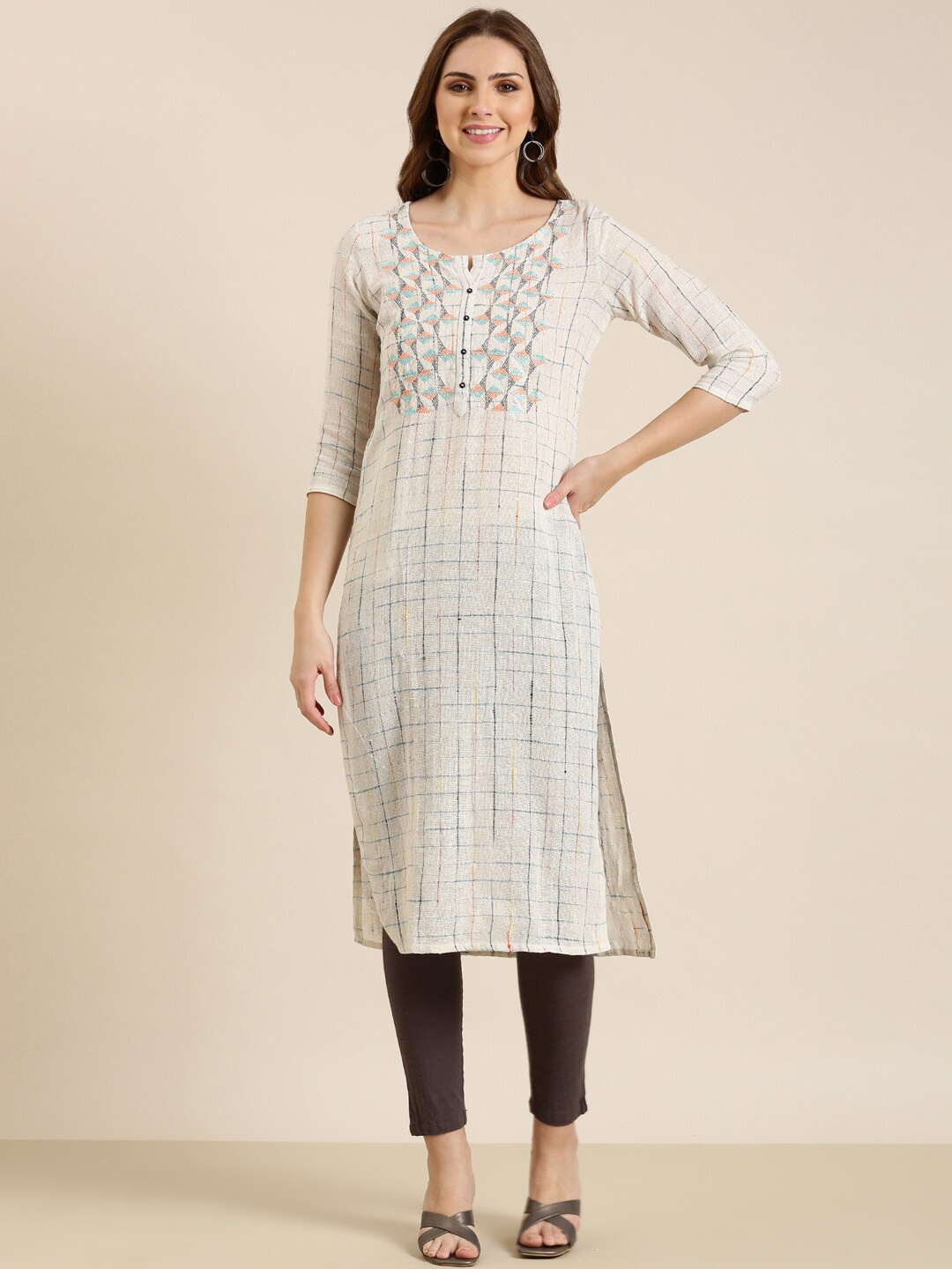 

SHOWOFF Checked Woven Design Thread Work White Romance Cotton Straight Kurta, Cream