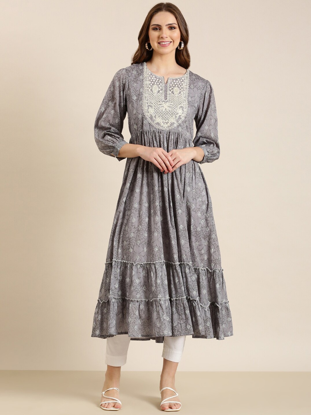

SHOWOFF Ethnic Motifs Printed Thread Work Pleated Cotton Anarkali Kurta, Grey