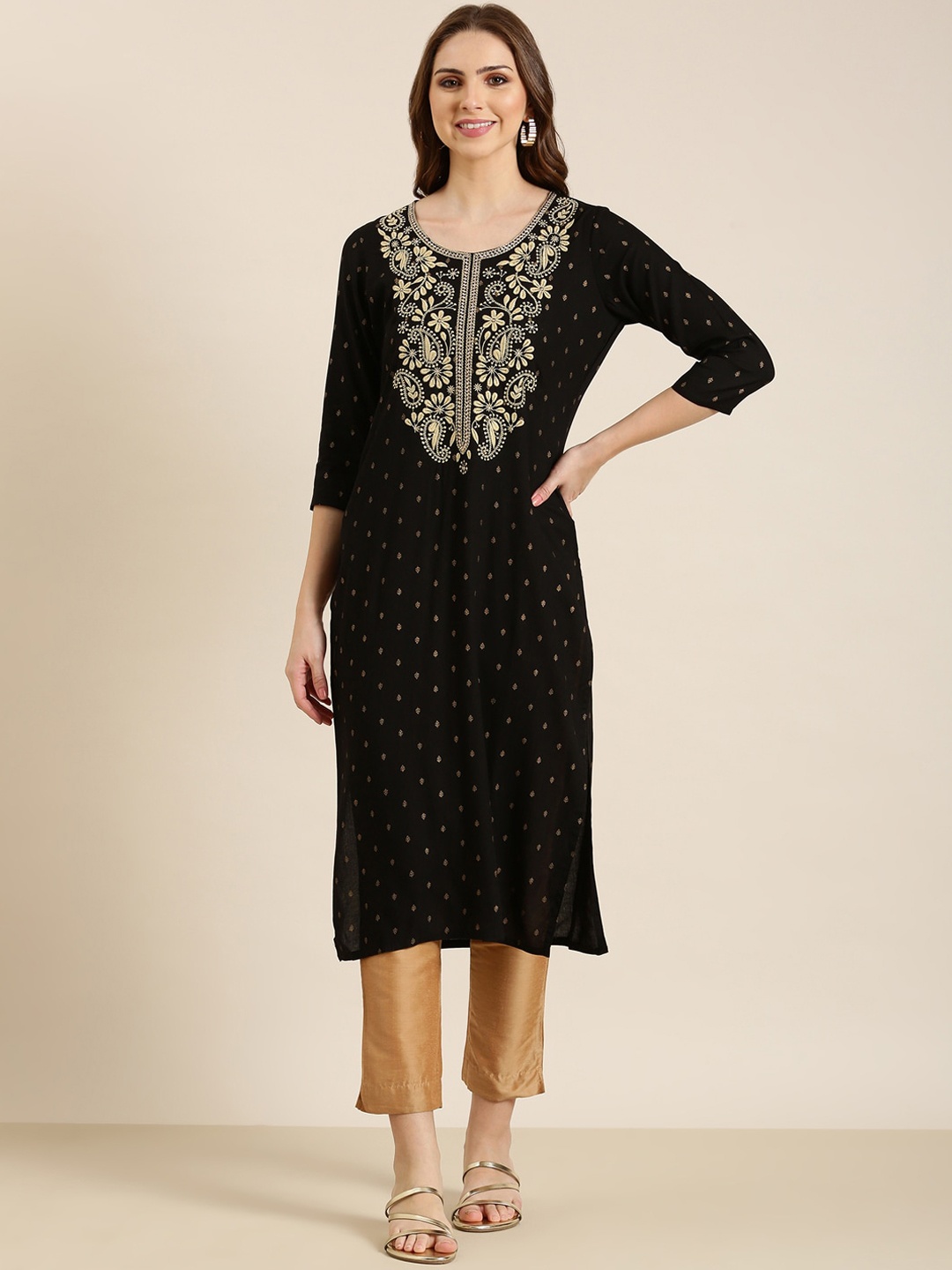 

SHOWOFF Ethnic Motifs Printed Thread Work Cotton Straight Kurta, Black