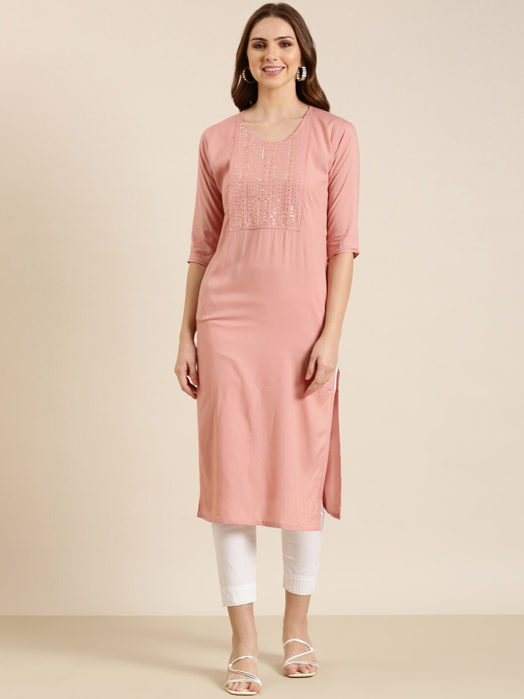 

SHOWOFF Geometric Yoke Design Sequinned Pastels Cotton Straight Kurta, Mauve