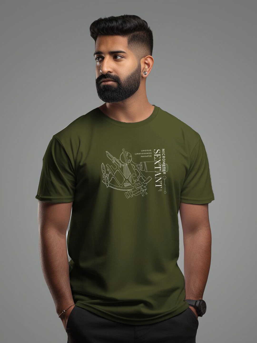 

Aero Armour Unisex SEXTANT Printed Pure Cotton T-shirt, Olive