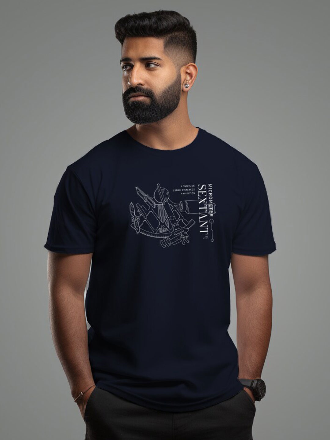 

Aero Armour Unisex SEXTANT Printed Pure Cotton T-shirt, Navy blue