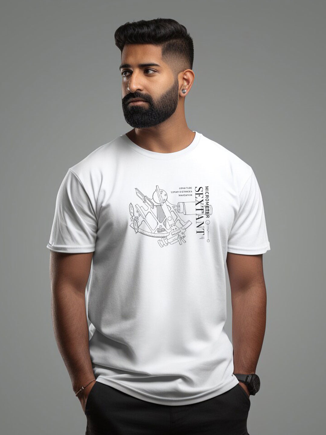 

Aero Armour Unisex SEXTANT Printed Pure Cotton T-shirt, White