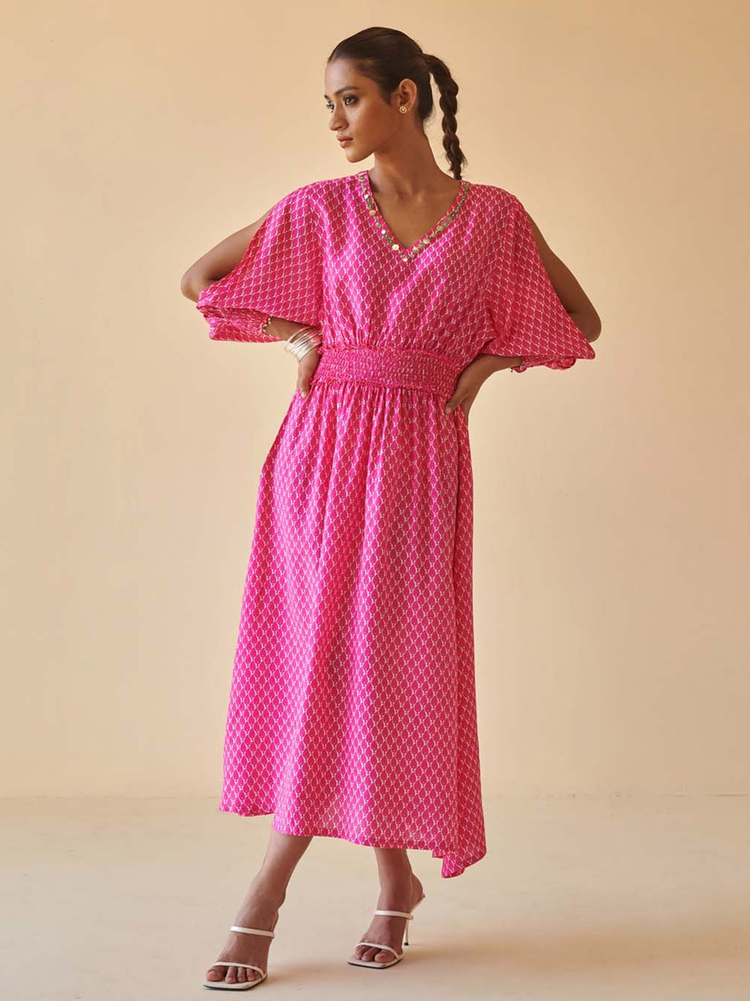 

Prakriti Jaipur Ethnic Motifs Printed Smocked Liva Fit & Flare Midi Dress, Pink