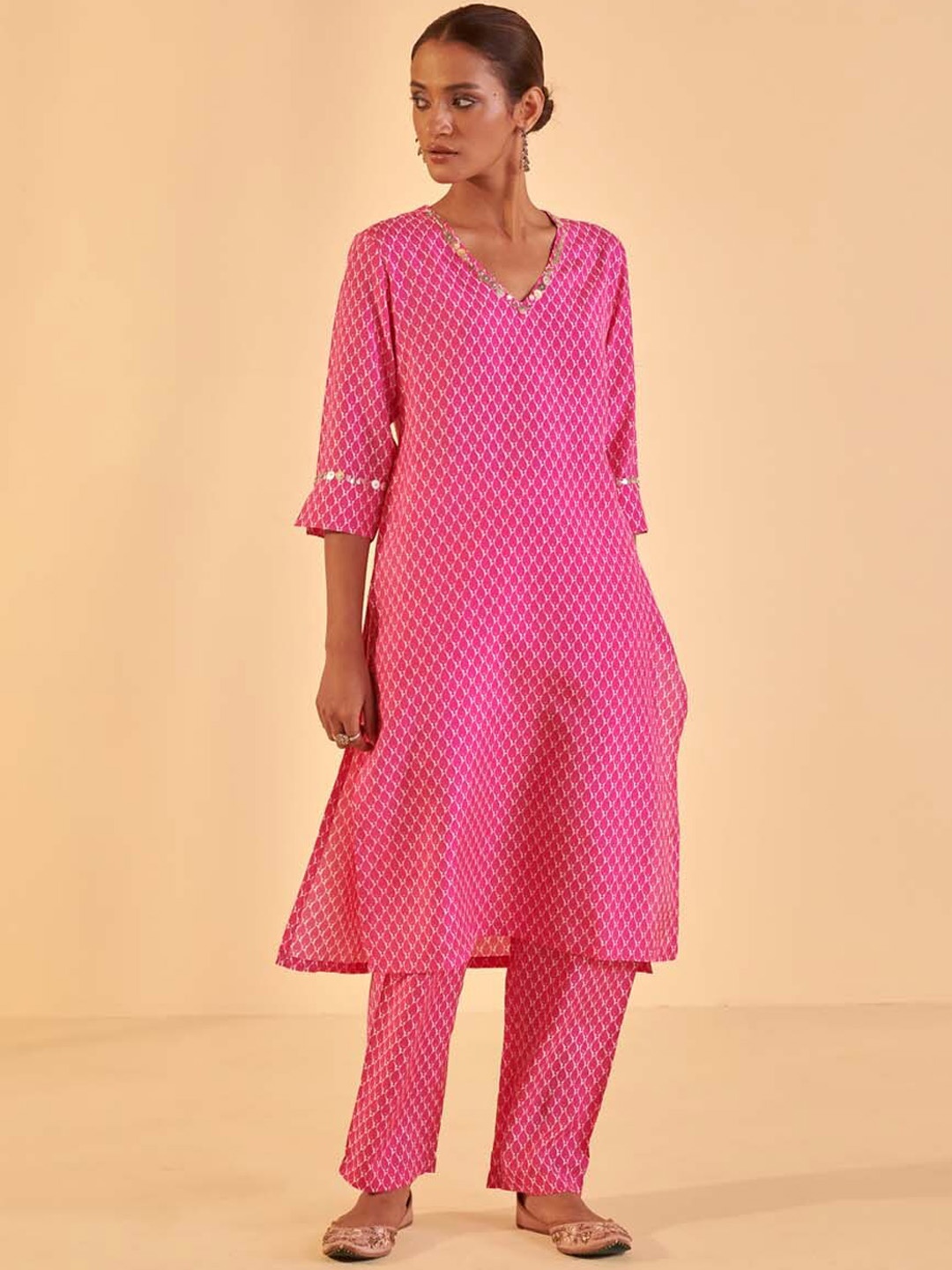 

Prakriti Jaipur Paisley Printed V-Neck Beads and Stones A-Line Kurta With Trousers, Multi