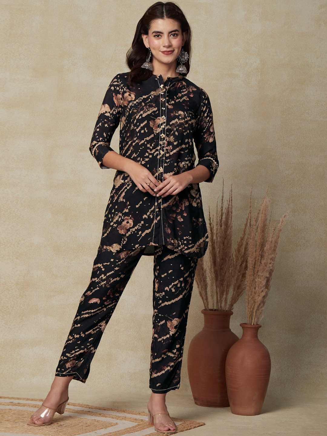 

FASHOR Printed Mandarin Collar Tunic With Trouser, Black