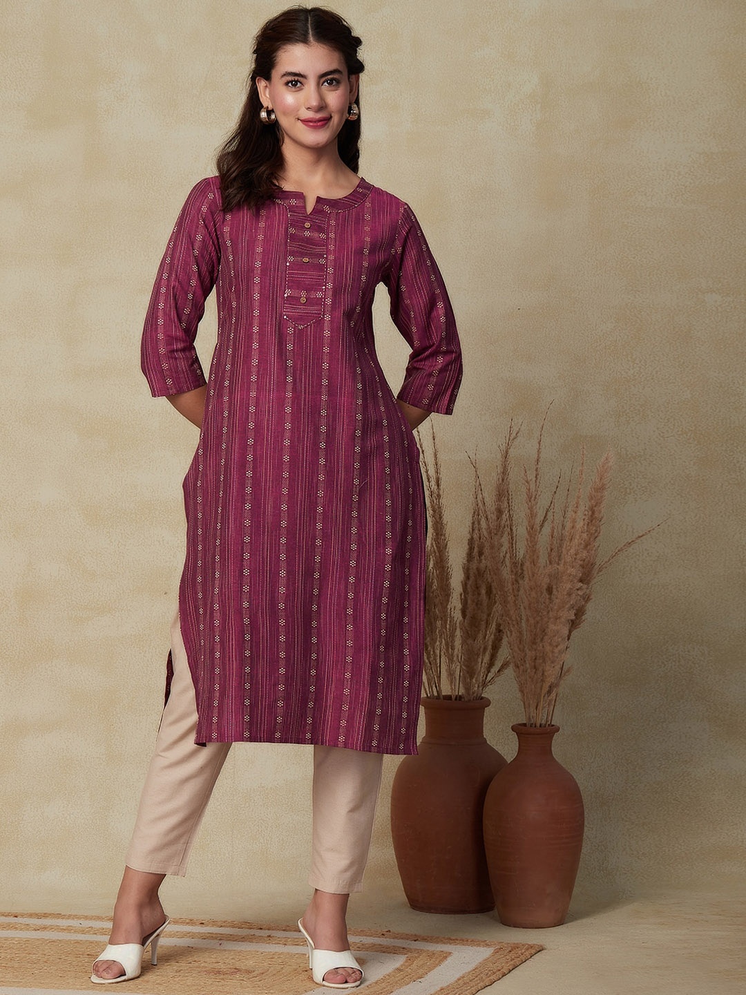 

FASHOR Striped Woven Design Kurta With Trousers, Purple